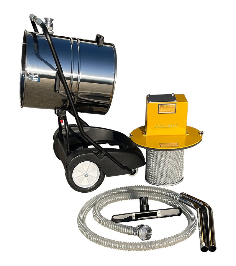 Air Vac tank tipped off the frame showing the filter cartridge