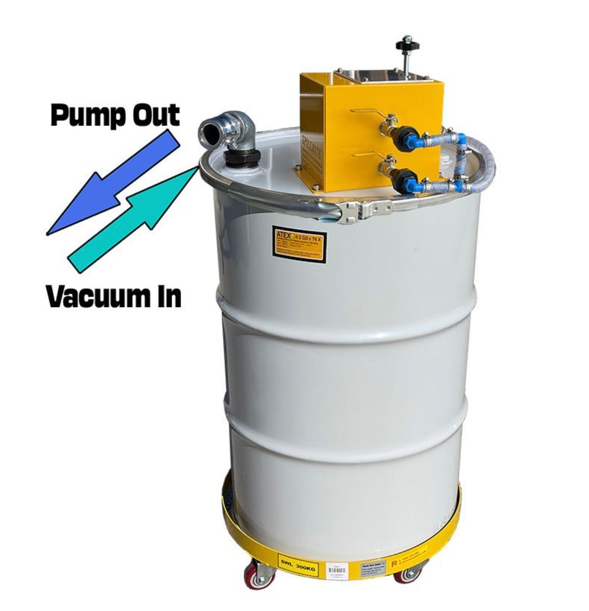 Reversible drum-lid ATEX vacuum on a steel drum, showing vacuum-in and pump-out flow