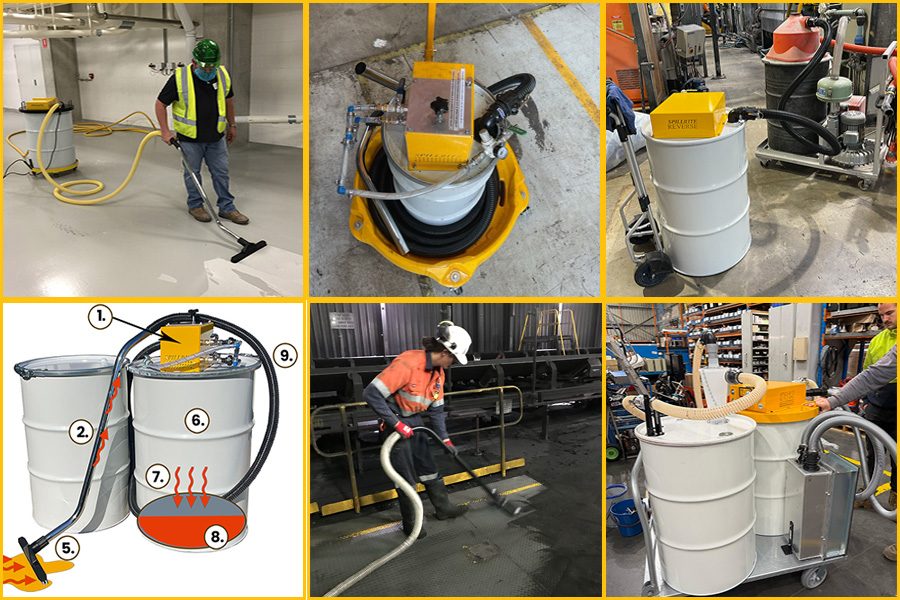 Spillrite industrial equipment in service: an operator vacuuming a factory floor, drum-top and drum-lid vacuum heads on steel drums, a reverse pump-out unit on a drum dolly, a cutaway diagram of a reverse drum lid vacuum, wet recovery on a plant walkway, and a stainless trolley vacuum in a workshop